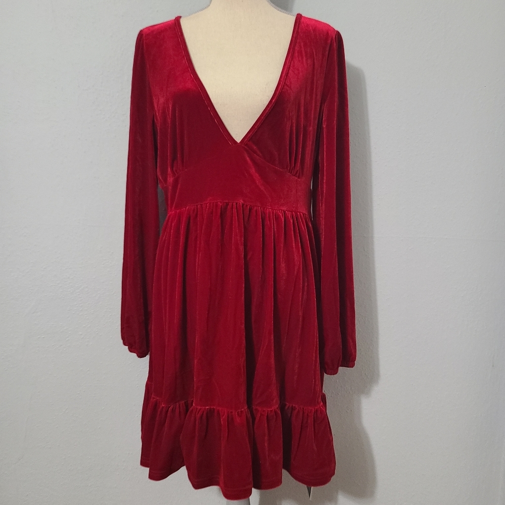 Women's Everyday Deep V Neck Ruffled Hem‎ Velvet Mini Chill Dress Size XL NWT